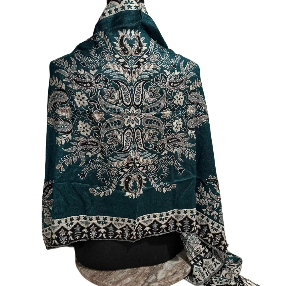 Elegant Shawl Wrap Scarf Double-Sided Super Soft Rayon Silver Emerald Green